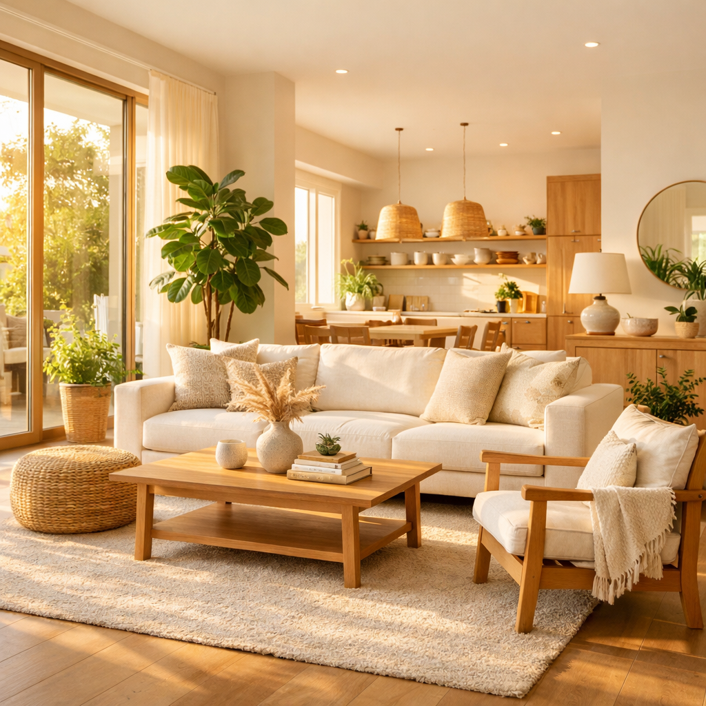 Rise Sober Living warm and inviting common area with natural golden light - sober living home Texas